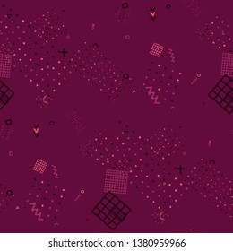 Vintage Memphis Texture. Seamless Background for Card, Banner, Cover in Trendy Style. Colorful Geometric Pattern with Hand Drawn Scribble Elements. Colorful Triangles, Rings, Zigzags and Dots.