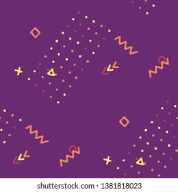 Vintage Memphis Texture. Seamless Background for Banner, Fabric, Cloth in Trendy Style. Colorful Geometric Pattern with Hand Drawn Scribble Elements. Colorful Triangles, Rings, Zigzags and Dots.