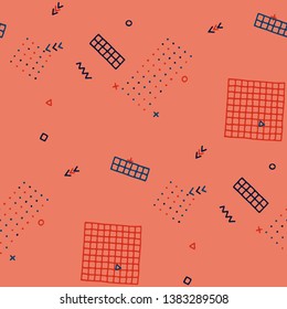 Vintage Memphis Texture. Seamless Background for Banner, Fabric, Cloth in Trendy Style. Bright Geometric Pattern with Hand Drawn Scribble Elements. Colorful Triangles, Rings, Zigzags and Dots.