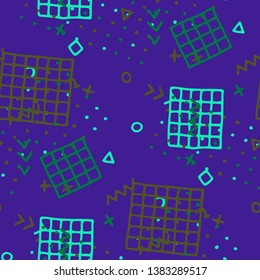 Vintage Memphis Texture. Seamless Background for Wallpaper, Fabric, Swimwear in Trendy Style. Colorful Geometric Pattern with Hand Drawn Scribble Elements. Colorful Triangles, Rings, Zigzags and Dots.