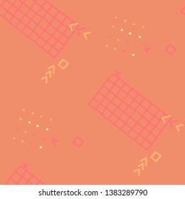 Vintage Memphis Texture. Seamless Background for Wallpaper, Fabric, Swimwear in Trendy Style. Bright Geometric Pattern with Hand Drawn Scribble Elements. Colorful Triangles, Rings, Zigzags and Dots.