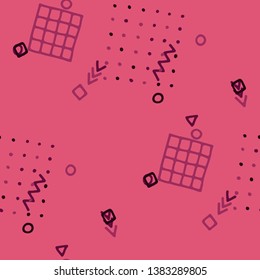 Vintage Memphis Texture. Seamless Background for Wallpaper, Fabric, Cloth in Trendy Style. Bright Geometric Pattern with Hand Drawn Scribble Elements. Colorful Triangles, Rings, Zigzags and Dots.
