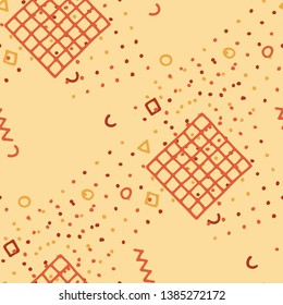 Vintage Memphis Texture. Seamless Background for Card, Banner, Cover in Trendy Style. Colorful Geometric Pattern with Hand Drawn Scribble Elements. Colorful Triangles, Rings, Zigzags and Dots.