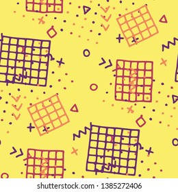Vintage Memphis Texture. Seamless Background for Banner, Fabric, Cloth in Trendy Style. Bright Geometric Pattern with Hand Drawn Scribble Elements. Colorful Triangles, Rings, Zigzags and Dots.