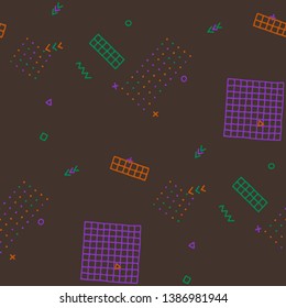 Vintage Memphis Texture. Seamless Background for Card, Print, Textile in Trendy Style. Bright Geometric Pattern with Hand Drawn Scribble Elements. Colorful Triangles, Rings, Zigzags and Dots.