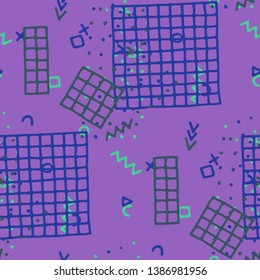 Vintage Memphis Texture. Seamless Background for Card, Poster, Cover in Trendy Style. Colorful Geometric Pattern with Hand Drawn Scribble Elements. Colorful Triangles, Rings, Zigzags and Dots.