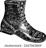 Vintage Men Dress Shoe Boot with Laces and Heel Engraving Illustration, Illustration drawn in engraved etching style with halftones and linework. Antique shoe from early 1900s. Retro sketch.