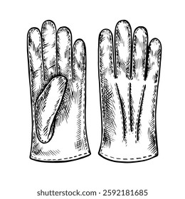 Vintage men s gloves. A hand-drawn vector graphic illustration. Black and white image of a leather accessory. Separate from the background. Perfect for posters, postcards and banners, flyers, packages