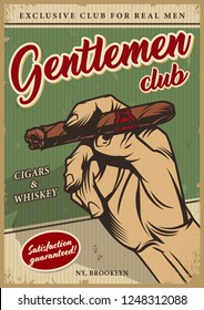 Vintage men's club colorful poster with inscriptions and male hand holding cuban cigar vector illustration