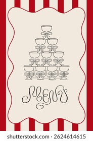 Vintage menu card with champagne tower and calligraphy quote on striped background. Vector hand drawn line elegant illustration of martini cocktail glasses pyramid