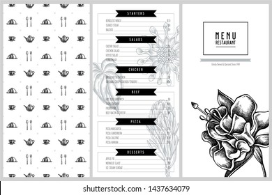 Vintage menu design with african daisies, fuchsia, gloriosa, king protea, anthurium, strelitzia