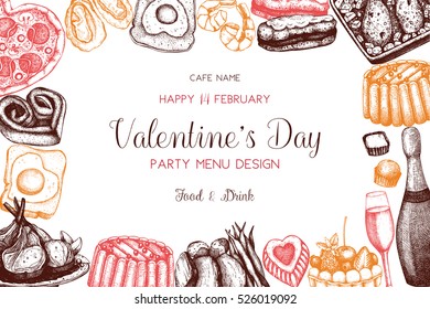 Vintage menu design for cafe or restaurant. Vector frame with hand drawn food and drinks sketch for Valentine's Day celebration. 