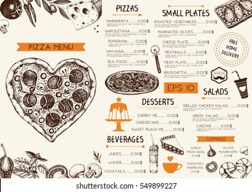 Vintage menu design for cafe or restaurant. Valentine's Day template. Vector background with hand drawn food and drinks sketch