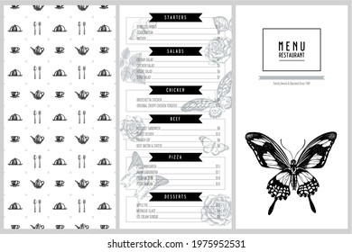 Vintage menu design with giant swordtail, african giant swallowtail, great orange-tip, plain tiger, papilio torquatus, roses