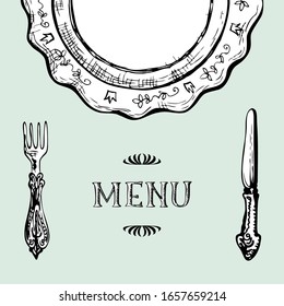 Vintage menu design with hand drawn cutlery and plate. Sketchy tableware background with title. Doodle style sketch. Copy space. Vector illustration.