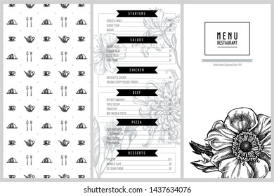 Vintage menu design with japanese chrysanthemum, blackberry lily, eucalyptus flower, anemone, iris japonica, sakura
