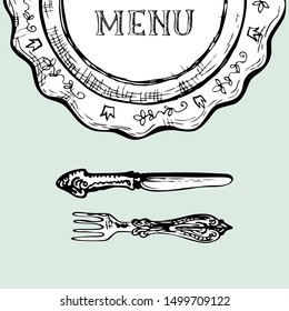 Vintage menu design with sketchy drawing of cutlery and plate. Hand drawn tableware background with title. Doodle style sketch. Copy space. Vector illustration.