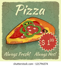 Vintage menu, Grunge Card with Slice of Pizza, place for Price - vector illustration