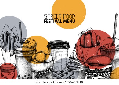 Vintage menu with hand drawn fast food sketch. Vector drawing for logo, icon, label, packaging, poster. Fast food restaurant design.