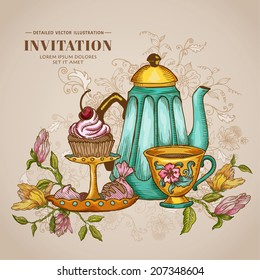 Vintage Menu or Invitation Card - with Teapot and Desserts - in vector