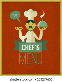 Vintage menu. Retro design template. Vector chef's menu illustration. Cartoon chef with dish on red grungy background. Menu cover design template. Yum!