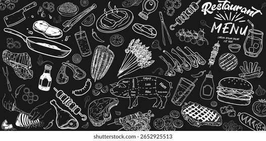 Vintage A menu template featuring hand-drawn food, designed specifically for steakhouses. A cafe menu decorated with vector illustrations. Complete with a chalkboard look.