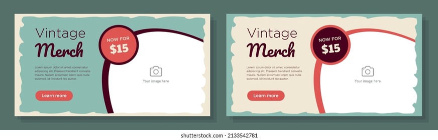Vintage merchandise online banner template set, second hand clothing advertisement, horizontal ad, zero waste apparel store campaign webpage, flyer, creative brochure, isolated on background.
