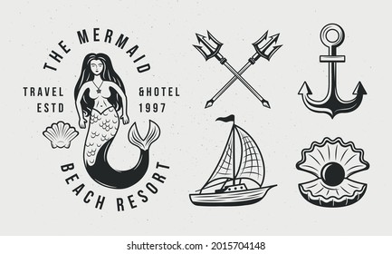 Vintage Mermaid, Siren logo with Boat, Anchor, Pearl Shell and Tridents. Nautical logo template. Vector illustration