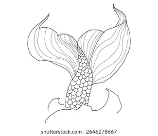 Vintage mermaid tail sketch in tattoo style. Black line drawing with scales, splash, and fantasy sea symbolism. Isolated vector for retro marine decor.