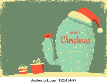Vintage Merry Christmas card with cactus and holiday text. Vector color greeting card illustration on old paper texture
