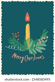 Vintage Merry Christmas card with a candle and Christmas wreath, Advent for festive branding, stickers, invitations, wall posters, social media and for decorating your home, crafts and goods