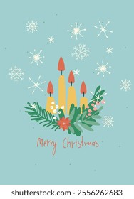 Vintage Merry Christmas card with a candle for festive branding projects, logos, stickers, invitations, scrapbooking, wall posters, social media and for decorating your home, crafts and goods