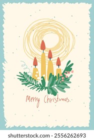 Vintage Merry Christmas card with a candle for festive branding projects, logos, stickers, invitations, scrapbooking, wall posters, social media and for decorating your home, crafts and goods