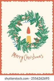 Vintage Merry Christmas card with a candle for festive branding projects, logos, stickers, invitations, scrapbooking, wall posters, social media and for decorating your home, crafts and goods