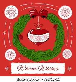 Vintage Merry Christmas card design template vector. Warm wishes. Holiday red background. Season wreath with heart ball and snowflakes. Retro New Year illustration for web banner, greeting, party.