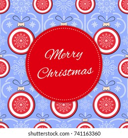 Vintage Merry Christmas card design template vector. Holiday background with xmas balls decoration and snowflakes. Season retro New Year illustration for web banner, greeting, party invites, poster.
