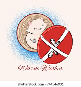 Vintage Merry Christmas card design template vector. Cute baby cat in red round gift box like present. Warm wishes. New Year illustration for holiday greeting, party invitation, season banner, poster.