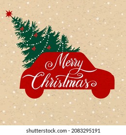 Vintage Merry Christmas card,  hand written lettering, christmas tree and car, vector illustration.