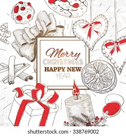 Vintage Merry Christmas card with linear sketch illustrations. New Year banner with a lot of graphics elements. Text greetings.