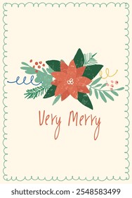 Vintage Merry Christmas card with poinsettia for festive branding projects, logos, stickers, invitations, scrapbooking, wall posters, social media and for decorating your home, crafts and goods