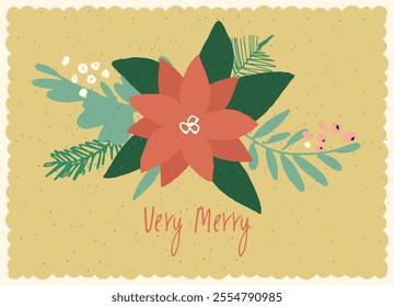 Vintage Merry Christmas card with poinsettia for festive branding projects, logos, stickers, invitations, scrapbooking, wall posters, social media and for decorating your home, crafts and goods