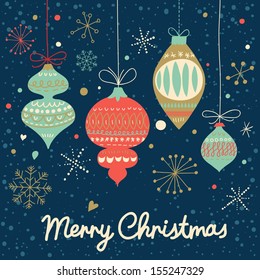 Vintage Merry Christmas card in vector. Stylish holiday background in retro colors