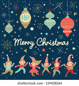 Vintage Merry Christmas card in vector. Funny Elves dancing under the snowfall. Cute holiday background with retro toys