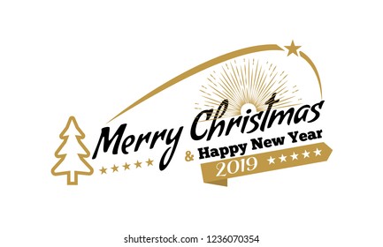 Vintage Merry Christmas decorative label with curved arch line and typography design for logo. Fir tree line art style. Vector illustration