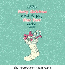 Vintage Merry Christmas doodles card with xmas sock, hand-written text.