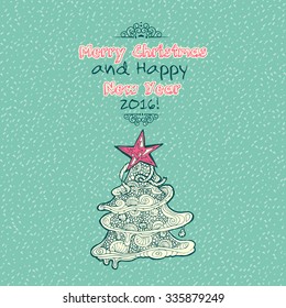Vintage Merry Christmas doodles card with xmas tree, hand-written text.