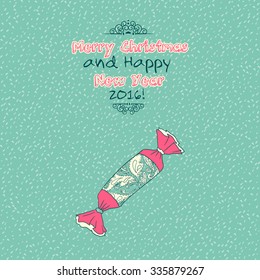 Vintage Merry Christmas doodles card with sweet candy, hand-written text.