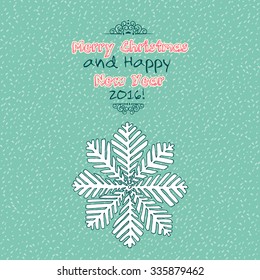 Vintage Merry Christmas doodles card with snowflake, hand-written text.