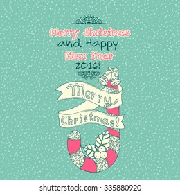 Vintage Merry Christmas doodles card with candy cane, hand-written text.