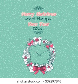 Vintage Merry Christmas doodles card with christmas wreath, hand-written text.